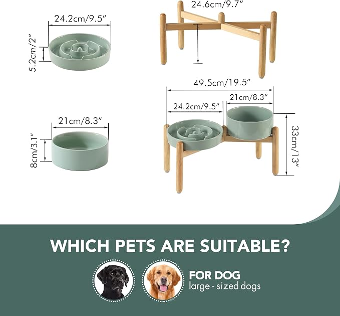 Havniva 9.5” Raised Slow Feeder Dog Bowls Set, 3.2 Cups Ceramic Slow Feeder Dog Bowl and 8.2” Dog Water Bowl with Elevated Wooden Stand Puzzle Dog Food Bowl for Large Dogs Anti-Gulping & Anti-Choking