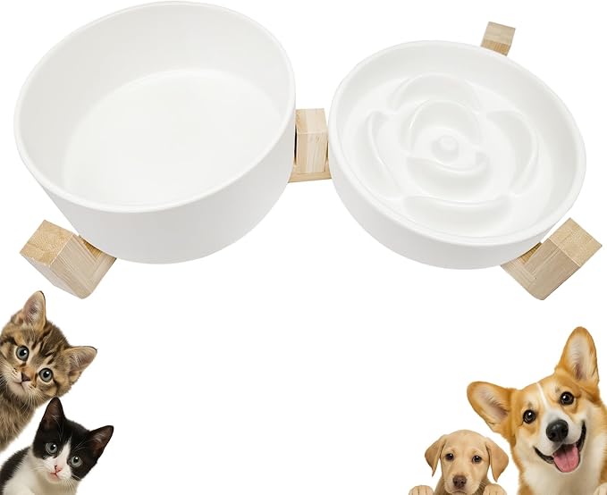 Ceramic Slow Feeder Dog Bowl Set-0.8 Cup Puzzle Dog Food Bowl（≈180g Food） for Fast Eater & 850ML Dog Water Bowl with Wooden Stand for Small Dogs and Cats,Anti-Slip-White