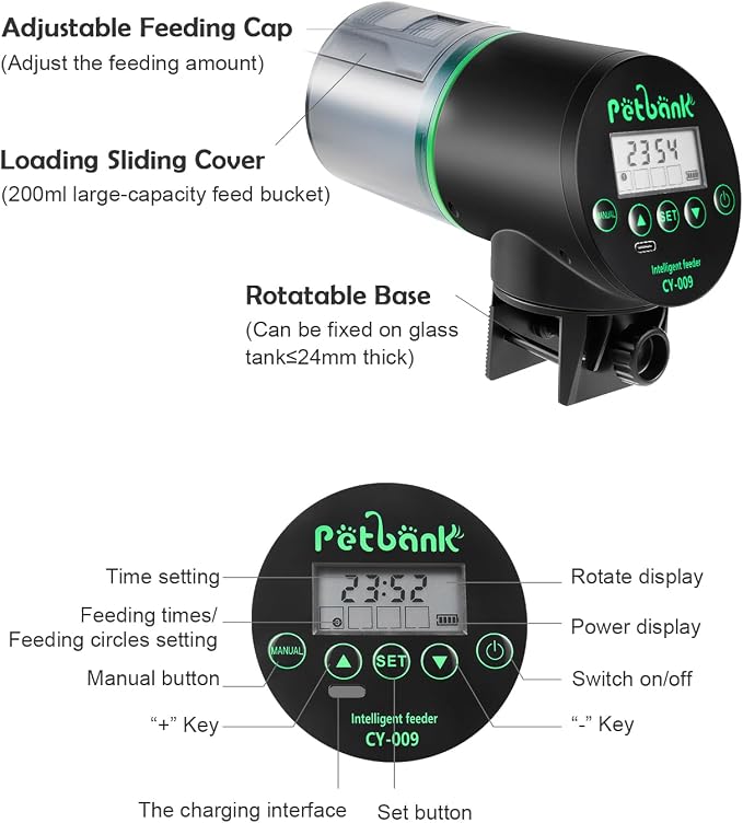 Automatic Fish Feeder - Rechargeable Timer Fish Feeder with USB Charger Cable, Fish Food Dispenser for Aquarium or Fish Tank