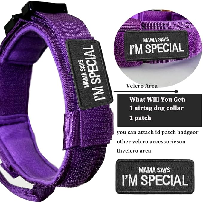 Tactical Dog Collar and Leash Set with Airtag Holder Waterproof Dog Airtag Collar with Handle Adjustable Heavy Duty Dog Collar Leash Set(DeepPurple，L