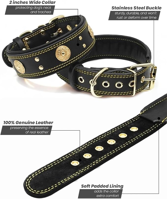 Leather Dog Collar for Large Dogs, 2 in Wide Heavy Duty, Handmade, BK-GD-M | Genuine Leather Stainless Steel Pin Buckle, Microfiber Leather Padded, Alloy Studded， Soft, Luxury and Eye-catching