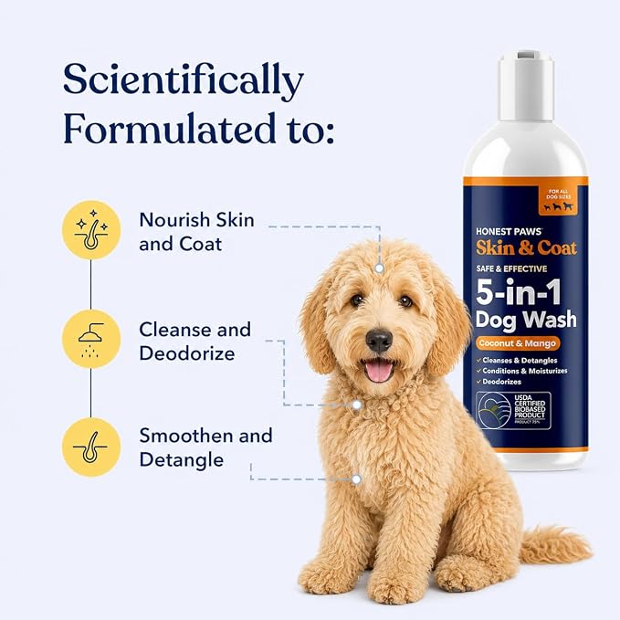 Honest Paws Dog Shampoo and Conditioner - Premium Dog Wash for Allergies and Dry, Itchy, Moisturizing for Sensitive Skin - Sulfate Free, Plant Based, All Natural - Coconut & Mango -16 Fl Oz