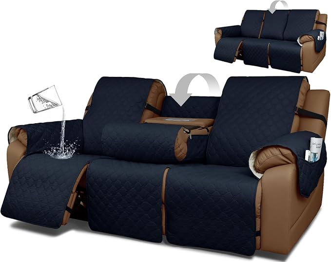 Waterproof Recliner Sofa Covers with Flipped Middle Backrest Washable Recliner Couch Covers Non-Slip with Elastic Straps Furniture Protector for Kid Dogs Pets (Navy Blue)