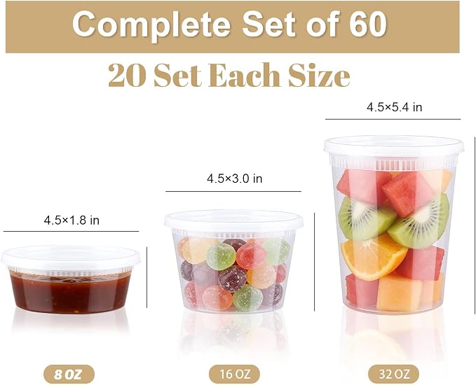 Clawsoff 60 Sets Deli Containers with Lids, 32/16/8 oz X 20 Set Each, Leak-Proof & BPA Free Airtight Takeout Plastic Food Storage Containers for Soup, Freezer/Microwave/Dishwasher Safe