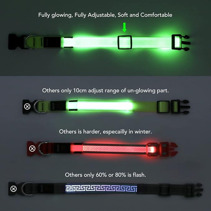 Light Up Dog Collar, Rechargeable USB Collar, Waterproof, Luminous LED Collar, Adjustable, Super Bright, Night Walking for Small Medium Large Dogs, Green, L