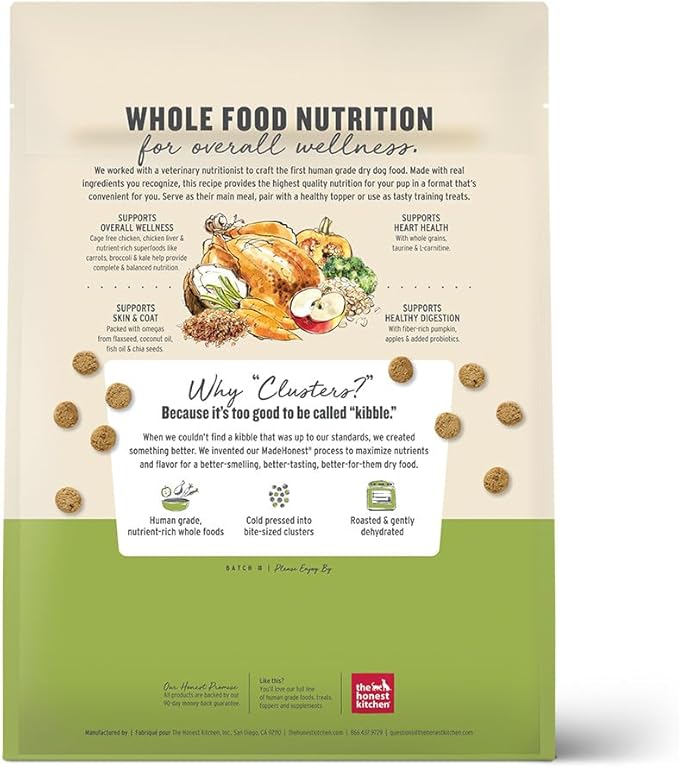 The Honest Kitchen Human Grade Whole Food Clusters Whole Grain Chicken & Oat Dry Dog Food - Complete & Balanced Meal or Topper - 1 lb Bag