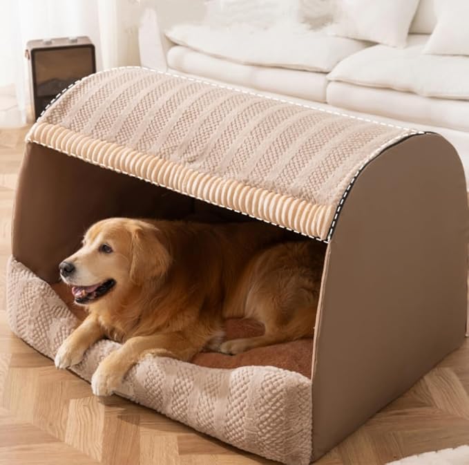 Large Dog House Indoor, Foldable Pet House Bed with Removable Plush Cushion, Warm Covered Dog Cave Nest Bed for Small Medium Extra Large Dogs (Brown, X-Large)