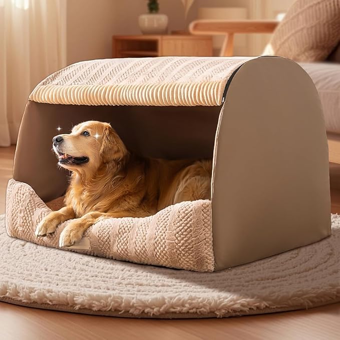 Extra Large Dog House Indoor, Memory Sponge, Cozy Dog Bed House, Pet Sleeping House Dog Cave for Dogs Cats (Khaki, M)