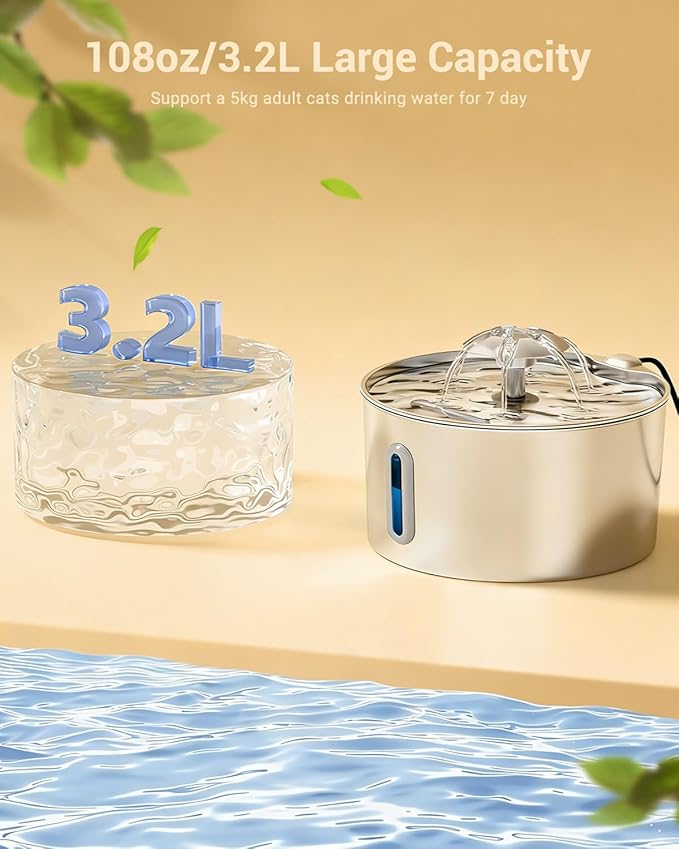 Cat Water Fountain Stainless Steel - 108oz/3.2L Automatic Large Pet Watering Bowl Dispenser for Indoor Cats - Drinking Fountains with 3 Filter for Dogs and Kitty - Outdoor Dog Waterer Bowls No Spill