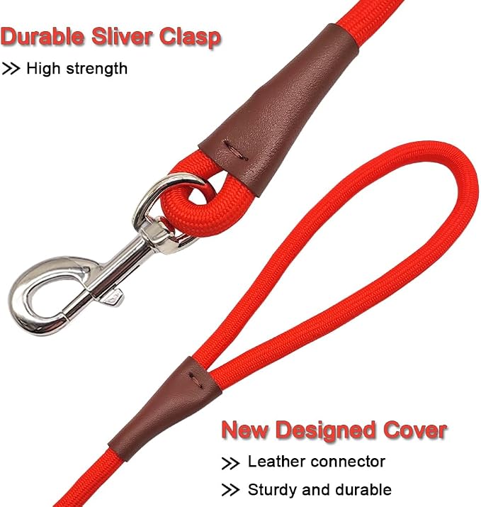 MayPaw 4/6 /8/10 FT Dog Leash, Classic Solid Colors, Strong Nylon Rope Dog Leash Reinforced with Leather Tailor Connection Heavy Duty Silver Clasp (red, 4ft*1/2")