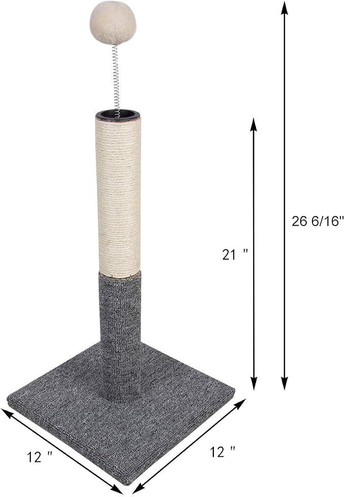 Cat Scratching Post with Carpet Botton Base and Spring Teasing Toy Ball for Indoor Cats and Kittens Grey