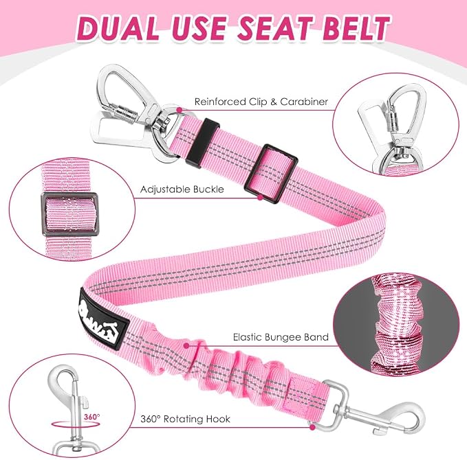 SlowTon Dog Seatbelt, 2 Pack Dog Seat Belt Car Leash Adjustable Elastic Bungee Buffer Heavy Duty Nylon Reflective Pet Safety Tether Connect to Dog Harness for Travel Riding in Vehicle (Daul Clip, PI)