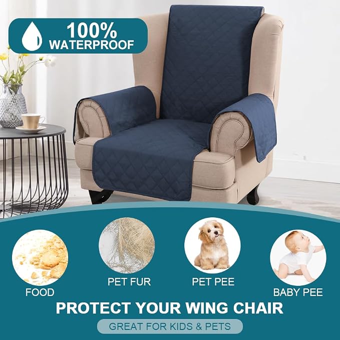 Turquoize 100% Waterproof Wing Chair Cover Wing Armchair Slipcovers Chair Couch Protector Triple Non-Slip Sofa Slipcover Furniture Protector for Pets, Kids,Dog (Wing Chair, Navy)