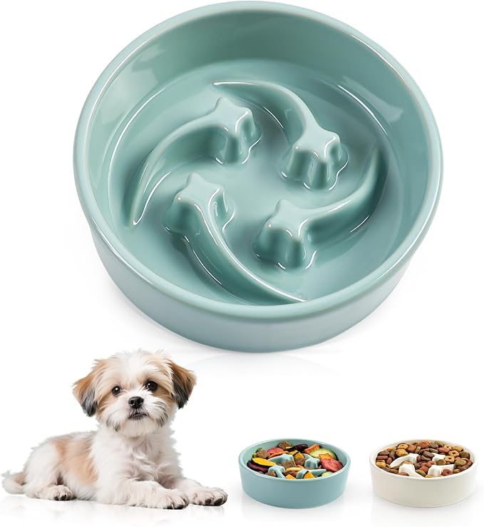 Ceramic Slow Feeder Dog Bowls, 0.6 Cups Dog Food Dish for Small and Medium Breed, Puzzle Dog Food Bowl for Fast Eater, 15OZ, 6.3 inch(Light Green)