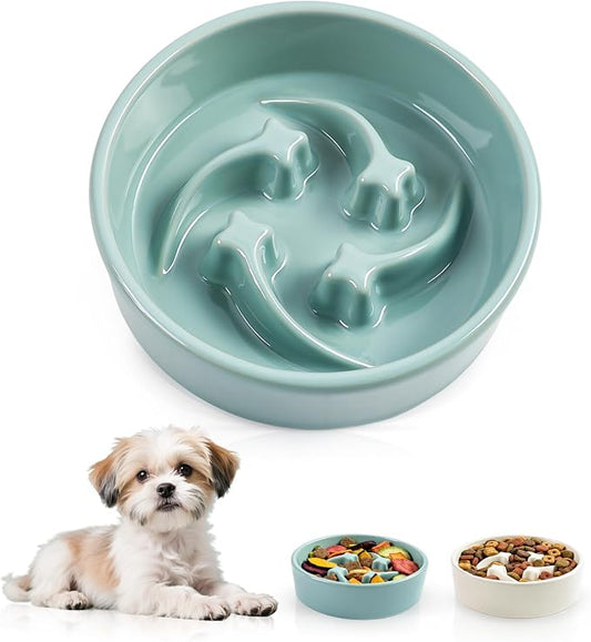Ceramic Slow Feeder Dog Bowls, 0.6 Cups Dog Food Dish for Small and Medium Breed, Puzzle Dog Food Bowl for Fast Eater, 15OZ, 6.3 inch(Light Green)