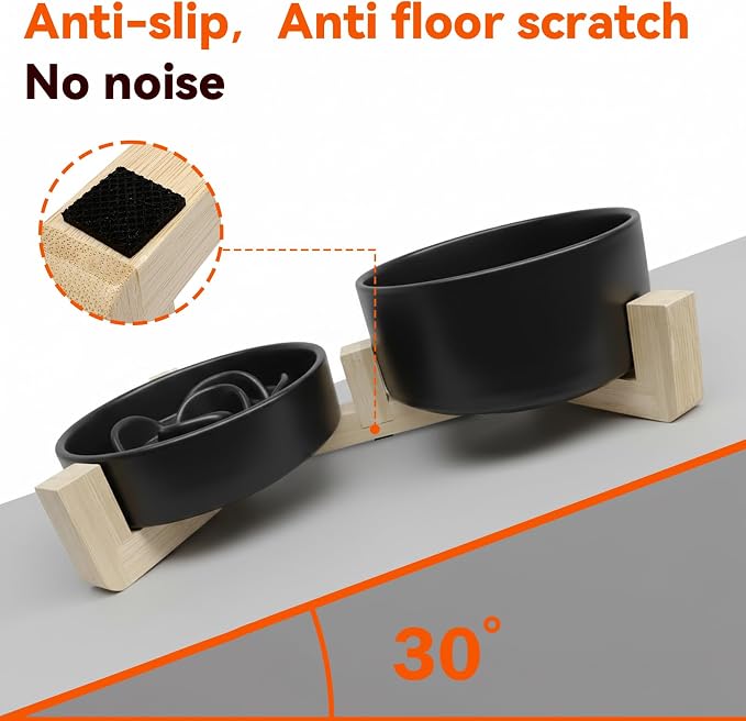 Ceramic Slow Feeder Dog Bowl Set-0.8 Cup Puzzle Dog Food Bowl（≈180g Food） for Fast Eater & 850ML Dog Water Bowl with Wooden Stand for Small Dogs and Cats,Anti-Slip,Black