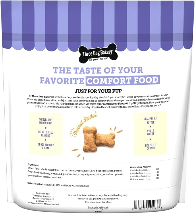 Three Dog Bakery Itty Bitty Bones Peanut Butter Dog Treats, 32oz - Crunchy Bones for Dog Training Treats, Real Peanut Butter Puppy Training Treats, Dog Bakery Treats