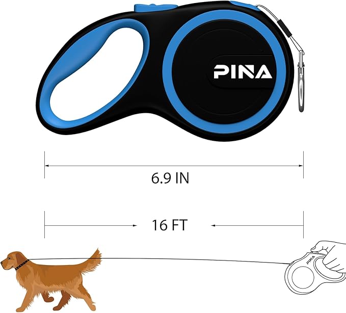 PINA Retractable Dog Leash, 16ft Dog Leash for Small Medium Dogs Up to 44lbs, 360° Tangle-Free Strong Reflective Nylon Tape, with Anti-Slip Handle, One-Handed Brake, Lock - Black Blue