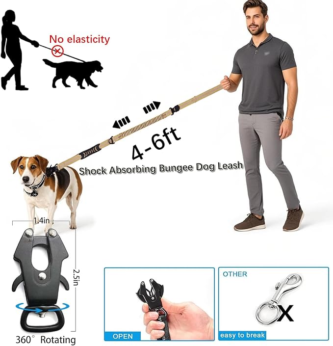 Heavy Duty Tactical Dog Leash, 4-6FT Shock Absorbing Tactical Leash with 2 Padded Handles, Metal Carabiner Clip,Car Seatbelt, Reflective Heavy Duty Leashes for Medium Large Dogs (Brown)