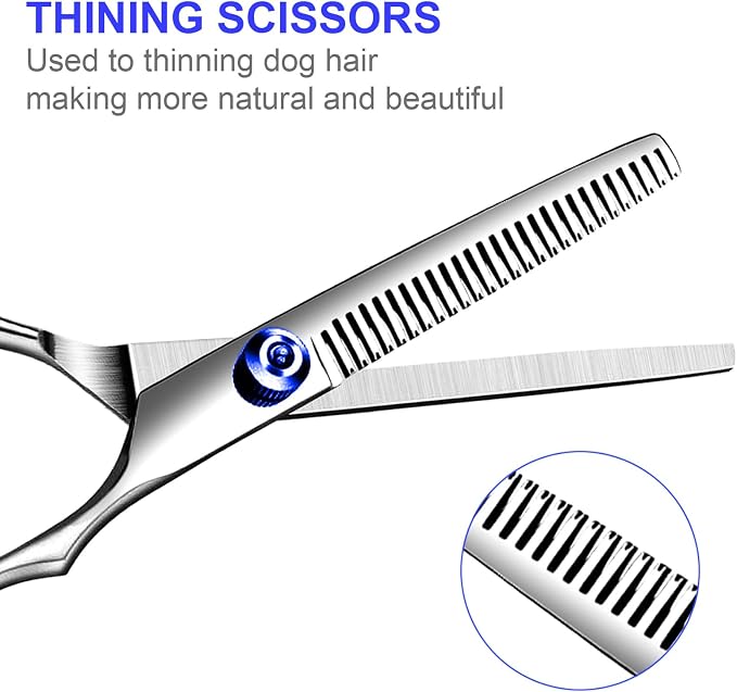 TINMARDA Dog Grooming Kit, Professional Stainless Steel Dog Grooming Scissors with Curved Shears, Blue Finger Rings - 5 Piece Sharp Durable Pet Shears for Dogs Cats At Home Salon-Quality Grooming