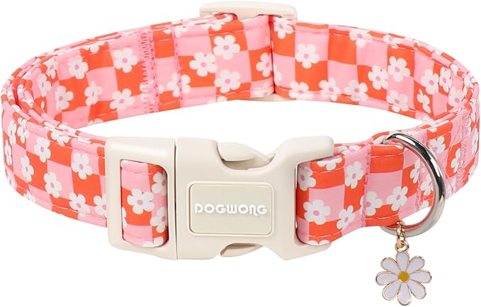 DOGWONG Pink Checked Dog Collar for Small Dogs, Flower Girl Dog Collars, Floral Pink Girly Dogs Collars for X-Small Puppies Dogs, Neck 8-12 inches