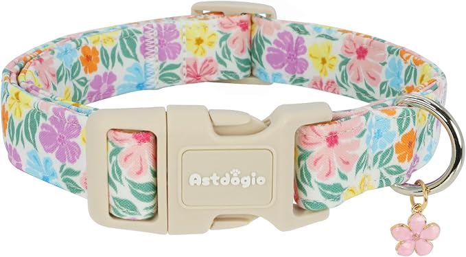 Cotton Dog Collar with Colorful Flowers for Spring Summer, Adjustable Puppy Dog Collars for Small Medium Large Dogs, Cute Girl Boy Dog Collar Ideal for Gifts,Pet Accessory,L