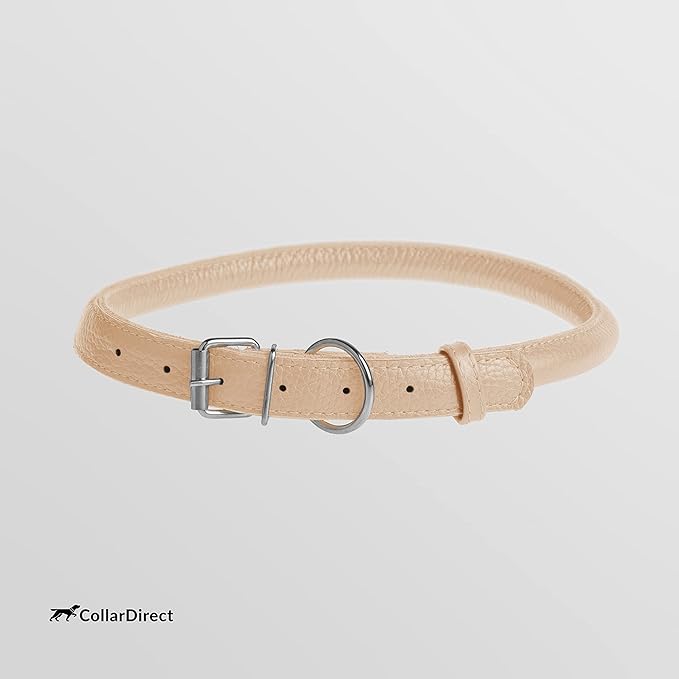 CollarDirect Rolled Leather Dog Collar, Soft Padded Round Puppy Collar, Handmade Genuine Leather Collar Dog Small Large Cat Collars 13 Colors (8-11 Inch, Beige Textured)