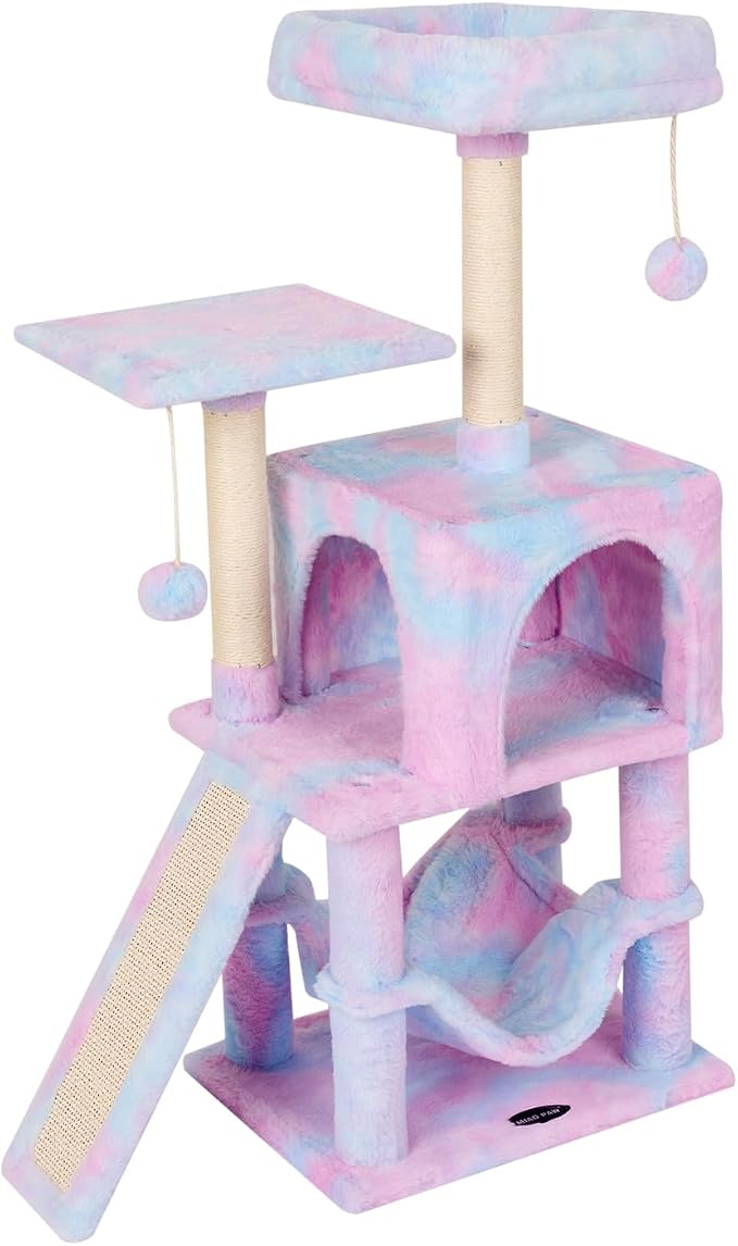 Rainbow Cute Cat Tree for Indoor Cat Tower with Scratching Post Modern Activity House Hammock Hanging Ball Condo with Board