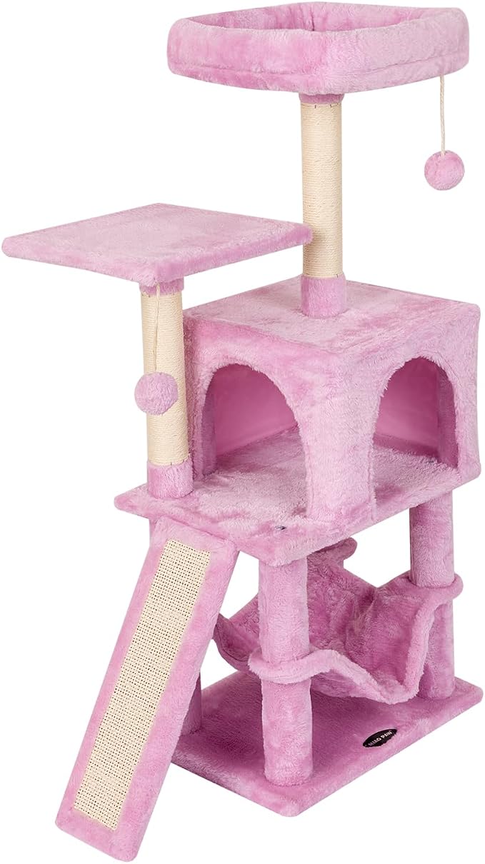 Pink Cute Cat Tree for Indoor Cat Tower with Scratching Post Modern Activity House Hammock Hanging Ball Condo with Board