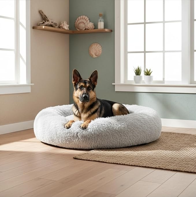 The Dog’s Bed Calming Donut Dog Bed, Plush Faux Fur Round Cuddler Nest – CertiPUR-Certified Foam, One-Piece Design, Raised Bolster – Large (36"), Ice White