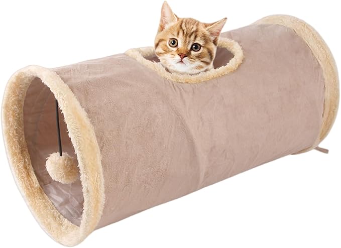 Cat Tunnel,Indoor Cat Play Tube Toys with Play Ball,Durable Collapsible Rabbit Hideaway Tunnel for Kitten,Bunny, Guinea Pig, Rat, Hamster, Ferret, Chinchilla (Khaki)
