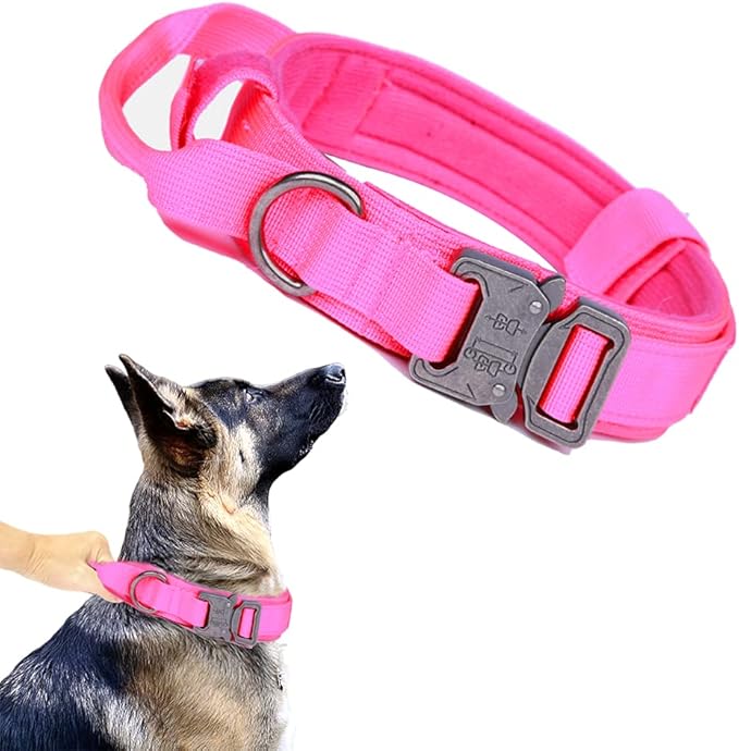 Tactical Dog Collar Adjustable Military Nylon Dog Collar with Control Handle and Heavy Duty Metal Buckle for Medium and Large Dogs (Pink,M)