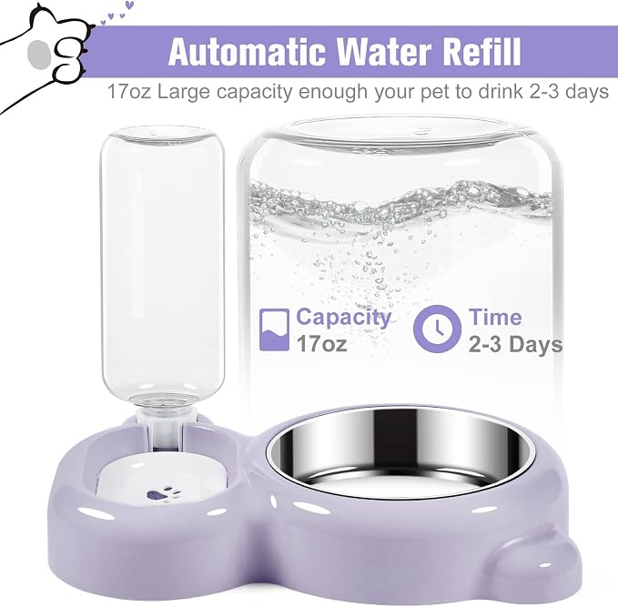 Double Dog Cat Bowls, Cat Food and Water Bowl Set with Auto-Water Dispenser and Stainless Steel Bowl Feeder for Small Size Dogs & Cats, Anti-Slip & Splash Design, Cute Purple