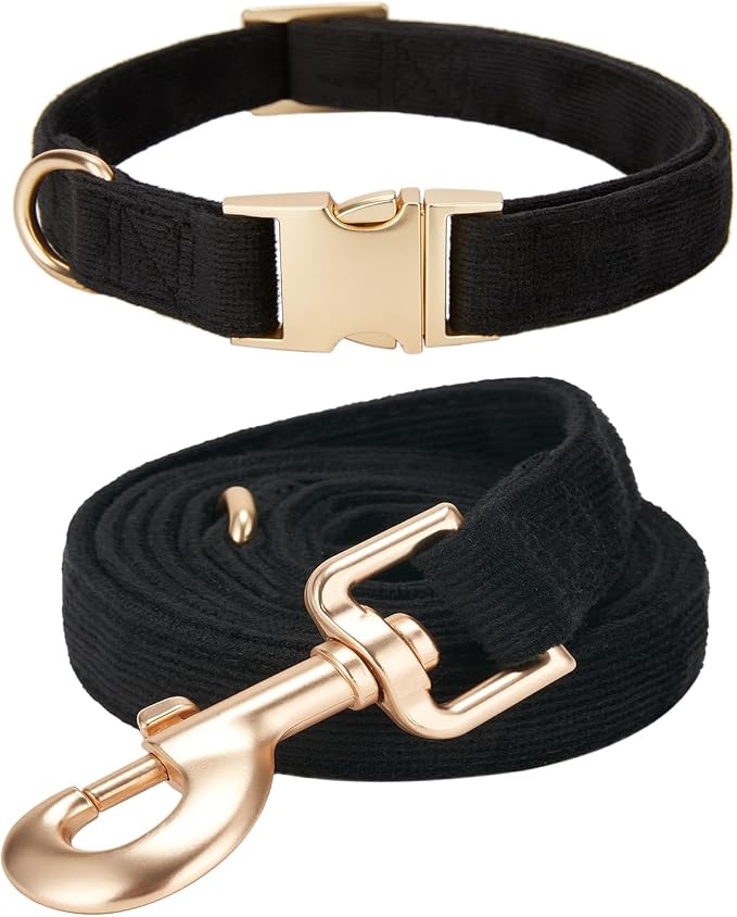 Soft Corduroy Dog Collar and Leash Set Adjustable Durable Dog Collars with Metal Buckle and Lead for Small Dogs,Black