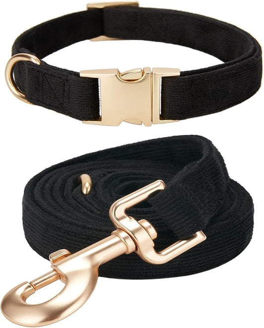 Soft Corduroy Dog Collar and Leash Set Adjustable Durable Dog Collars with Metal Buckle and Lead for Small Dogs,Black