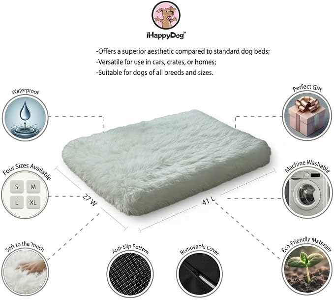 IHAPPYDOG Faux Fur Orthopedic Dog Bed, Memory Foam Rectangular Crate Bed for Large XL Dogs, Plush Furry Bed that Looks Like a Rug, Calming Bed for Senior Dogs, Washable Cover - White, Large 41"x27"