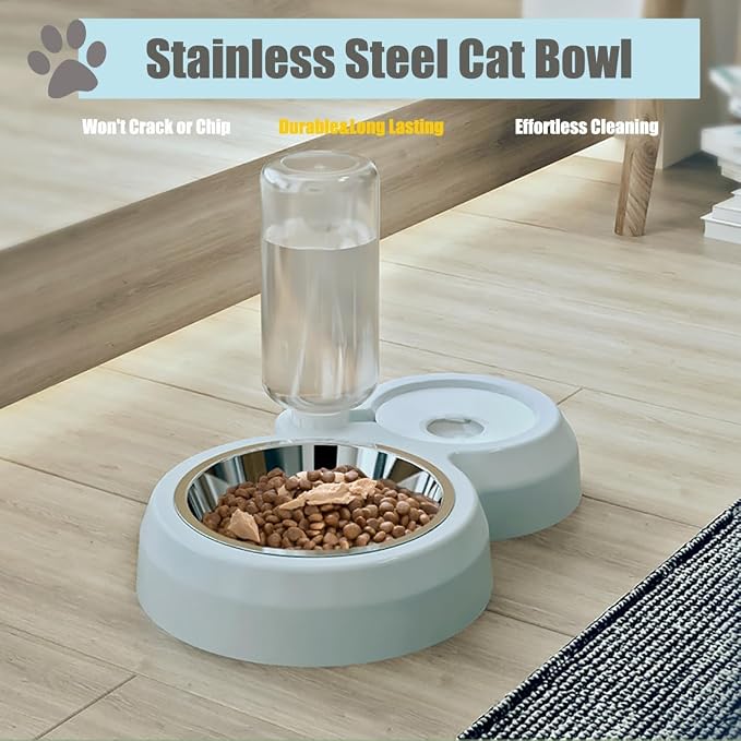 Double Dog Cat Bowls, Cat Food and Water Bowl Set with Auto-Water Dispenser and Stainless Steel Bowl Feeder for Small Size Dogs & Cats, Gift of Anti-Slip Mat, Chic Blue