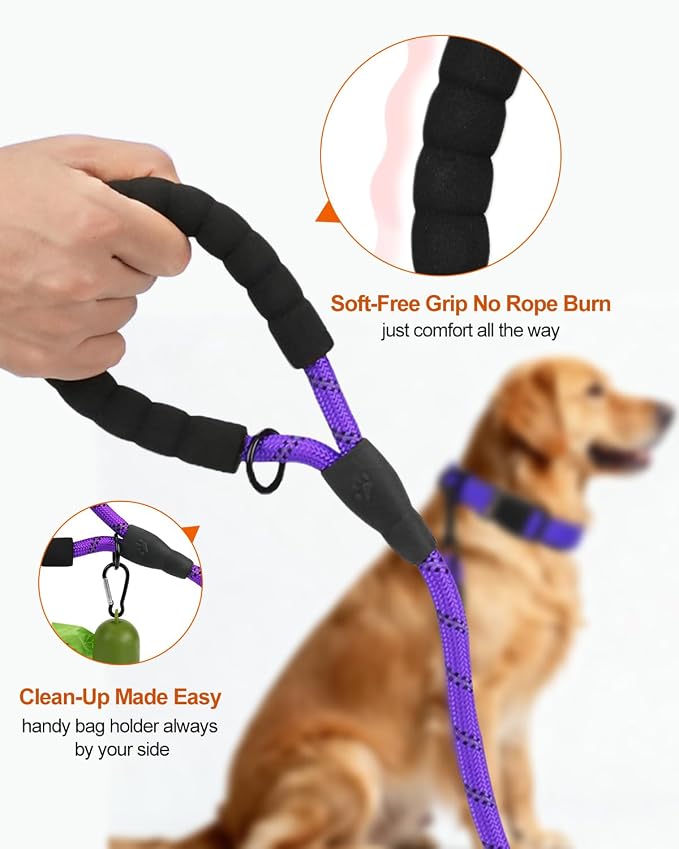 Joytale Dog Leash for Large Dogs, Heavy Duty Nylon Leashes with Comfortable Padded Handle and Highly Reflective Threads, Ideal for Walking and Training, Purple, 5'×1/2''