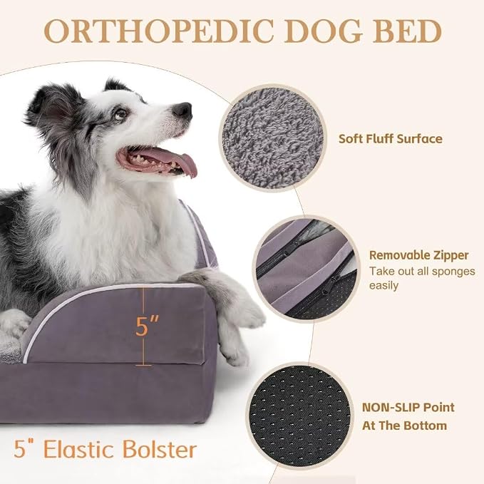 Comfort Expression Orthopedic Dog Bed for Extra Large Dogs 42x30 Inch, Waterproof Supportive Egg Crate Foam XL Pet Bed with Removable Bolsters, Dog Couch with Washable Cover & Non-Slip Bottom, Purple