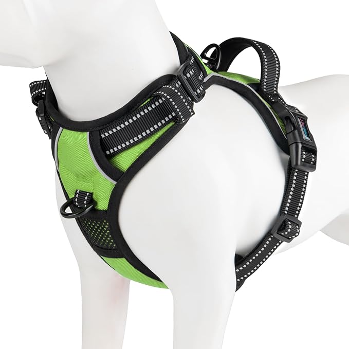 PHOEPET Reflective Dog Harness No Pull Large Breed Vest with 2 Metal Leash Attachment Hooks(XL, Green)