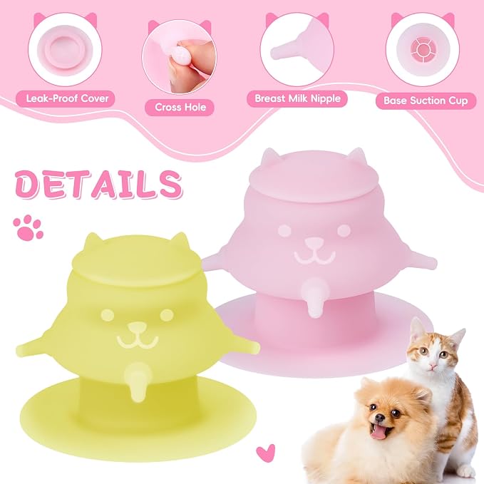 2Pcs Puppy Milk Feeder Nursing Station, Dispenser Food Grade Silicone with 4 Dummy Nipples 230ml Capacity for Newborn Puppies, Rabbits, Kittens (Pink, Yellow)