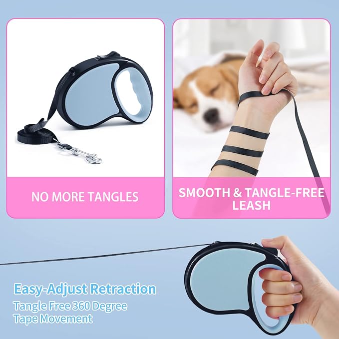 Retractable Dog Leash,[Strong Nylon Tape][One-Handed One Button Lock] for Small Medium Dogs and Cats,16ft Pet Walking Leash with 360°Tangle-Free Design,Anti-Slip Handle,Gift Package (Light Blue)
