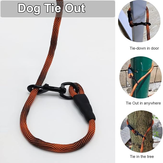 BTINESFUL Dog Tie Out Check Cord Long Tether Rope Leash, 8ft 12ft 20ft 30ft 50ft 75ft Dog Lead for Yard- Large Medium Dogs Outdoor Training Playing, Camping, or Backyard (8ft, Orange Black)