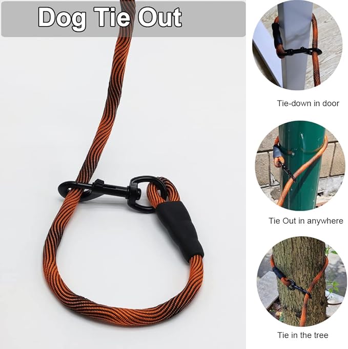 BTINESFUL Tie-Out Check Cord Long Rope Dog Leash, 8ft 12ft 20ft 30ft 50ft 75ft Dog Lead- Large Medium Dogs Tether for Yard Training, Playing, Camping, or Backyard (30ft, Orange Black)