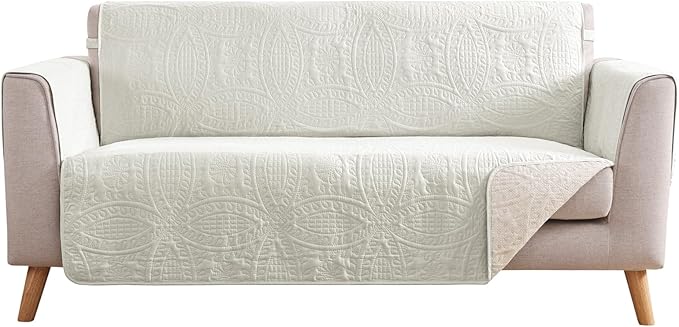 Stay in Place Ivory White Quilted Loveseat Couch Cover for 2 Cushion Couch, Water Repellent Love Seat Quilted Sofa Covers Washable, Pet Friendly Slipcovers (Loveseat 48", Ivory White)