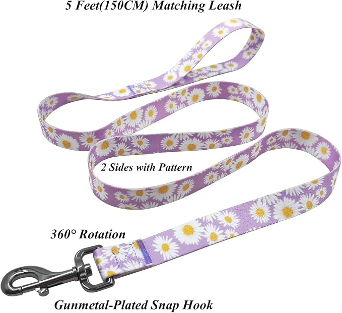 Dog Collar Leash Set, Floral Pattern, Polyester Material, Adjustable Collar and 5ft Matchcing Leash, for Medium Dogs.(M, Light Purple Daisy)