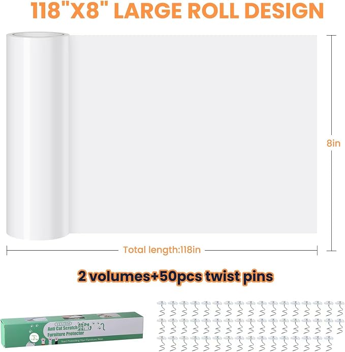 2Pack Thicken Anti Cat Scratch Furniture Protector,118"x8"Single-Sided Sticky,Couch Corner Protectors for Cats, Transparency cat Couch Protector