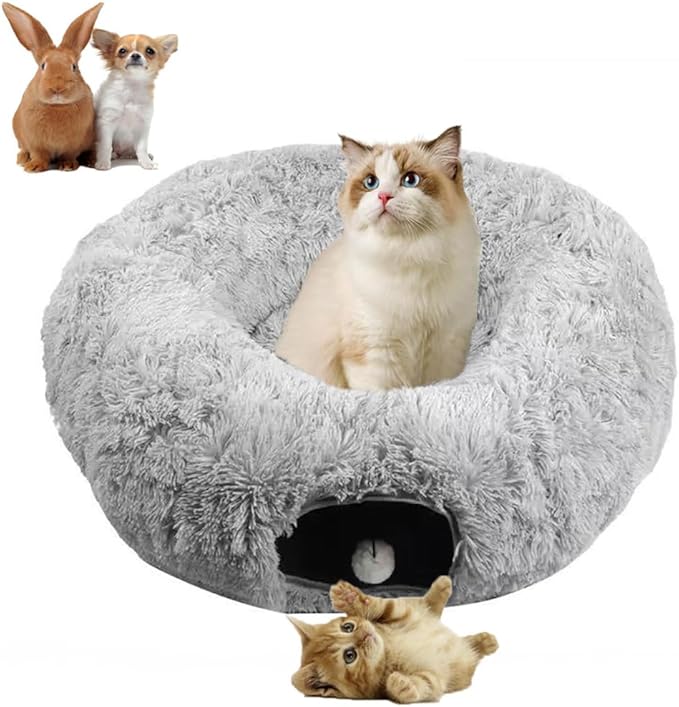 Cat Bed Tunnel Tube Toy Grey Plush Round, Collapsible Pet Tunnels for Indoor Cats, Interactive Toys Play Tubes with Hanging Ball for Fun Playtime & Exercise for Kitten, Puppy, Rabbit