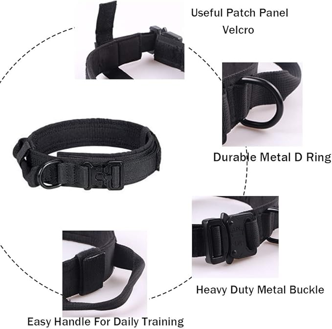 Tactical Dog Collar and Leash Set Adjustable Military Nylon Dog Collar with Control Handle and Heavy Duty Metal Buckle for Large Dogs（Black M