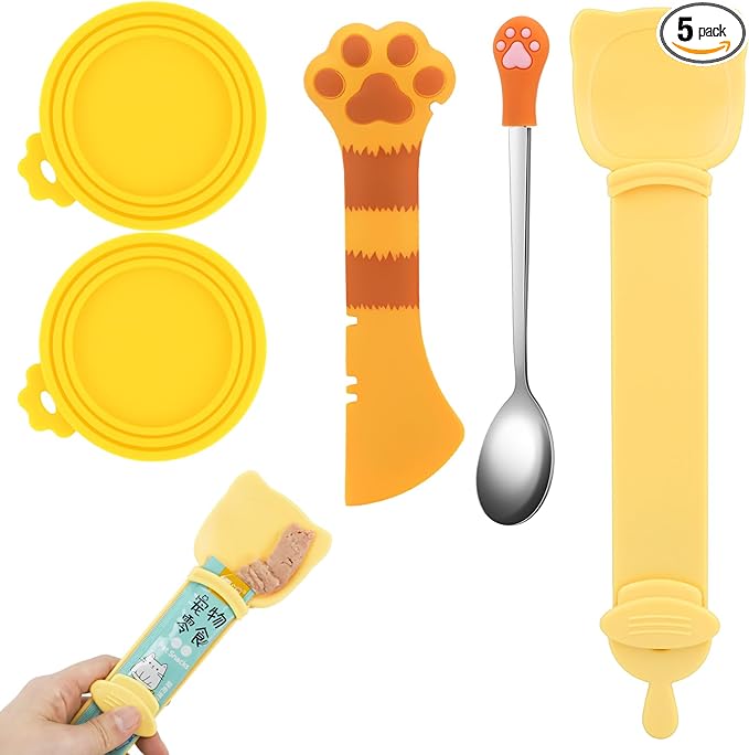 5 PCS Cat Food Can Covers Lids Set, Silicone Pet Food Can Lids with Multi-Function Cat Food Spoon and Opener, Cat Bar Squeezer, Stainless Steel Wet Food Spoon for Cats and Dogs(Yellow)